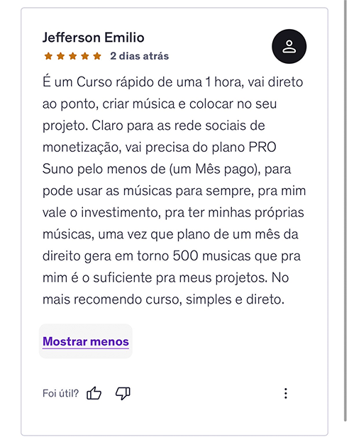 Print do depoimento do Jefferson na Udemy